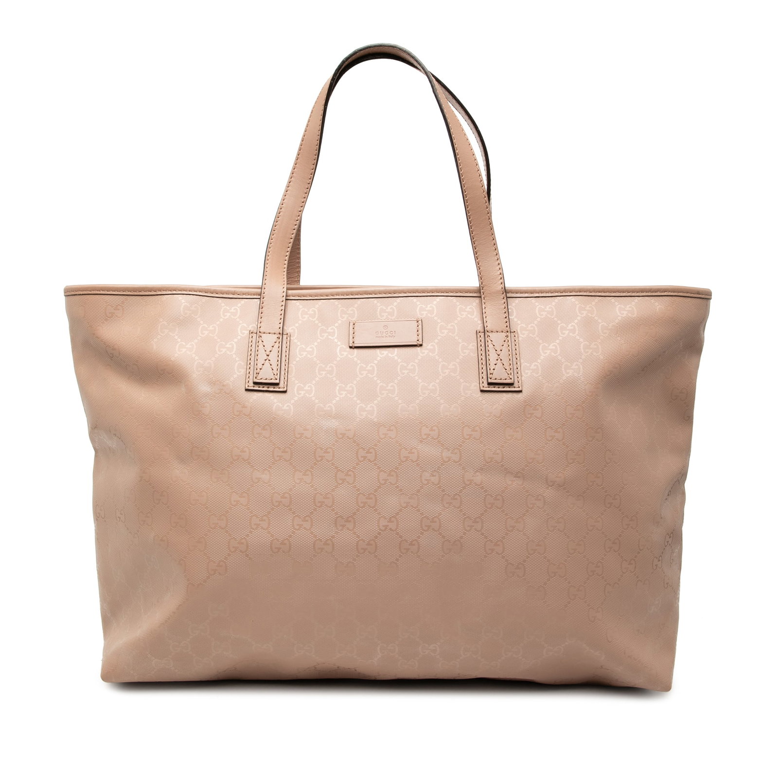 Brown Coated Canvas Joy Tote Bag with Leather Trim by Gucci: Brown Coated Canvas Joy Tote Bag with Leather Trim by Gucci This Gucci Large GG Imprime Joy Tote features a coated canvas body with leather trim, flat leather handles, a top zip closure, and interior
