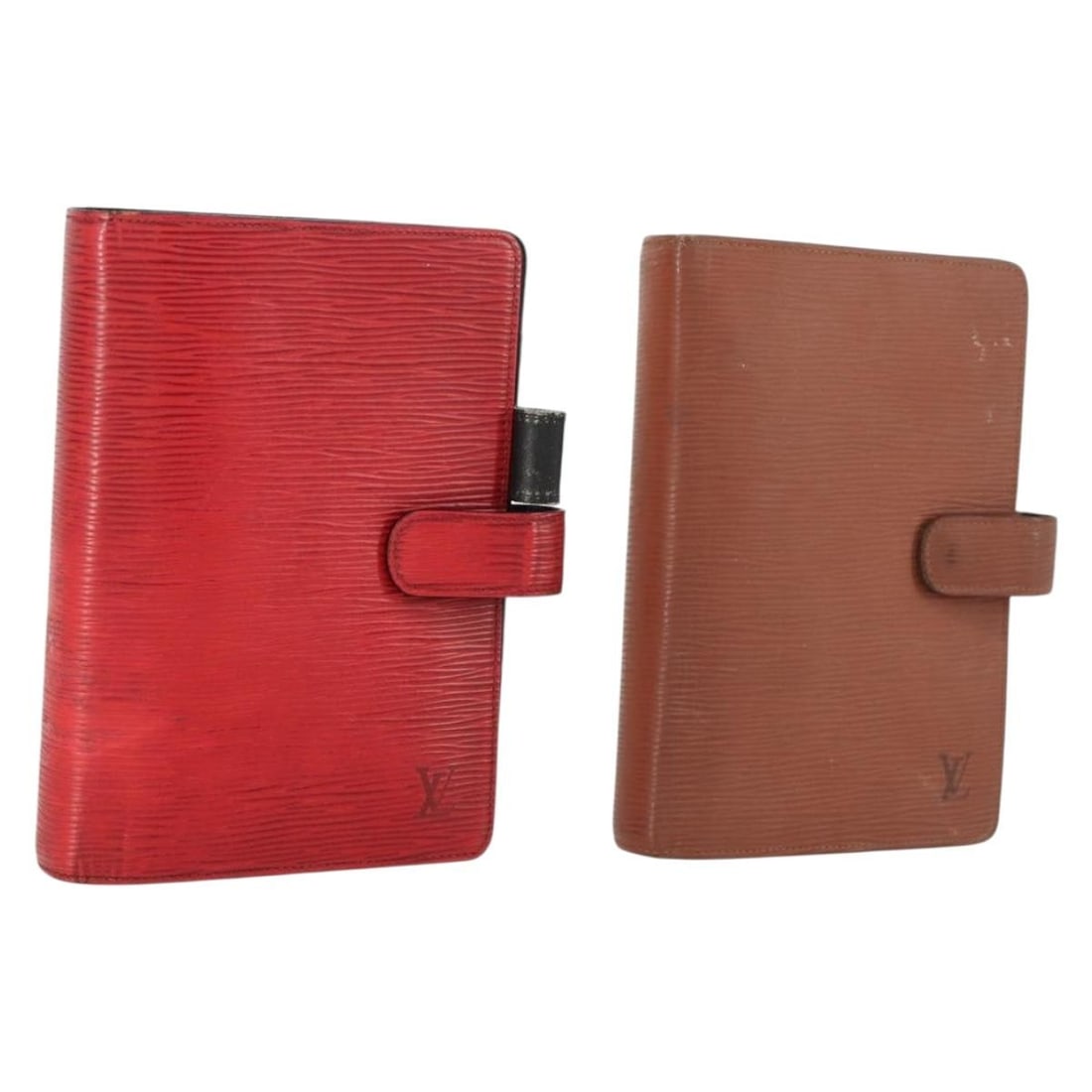 Set of 2 Louis Vuitton Epi Leather Agenda MM Covers Red and Brown: Set of 2 Louis Vuitton Epi Leather Agenda MM Covers Red and Brown This is a Louis Vuitton Epi leather agenda MM day planner cover set in red and brown. Made in France, these covers feature the signatu