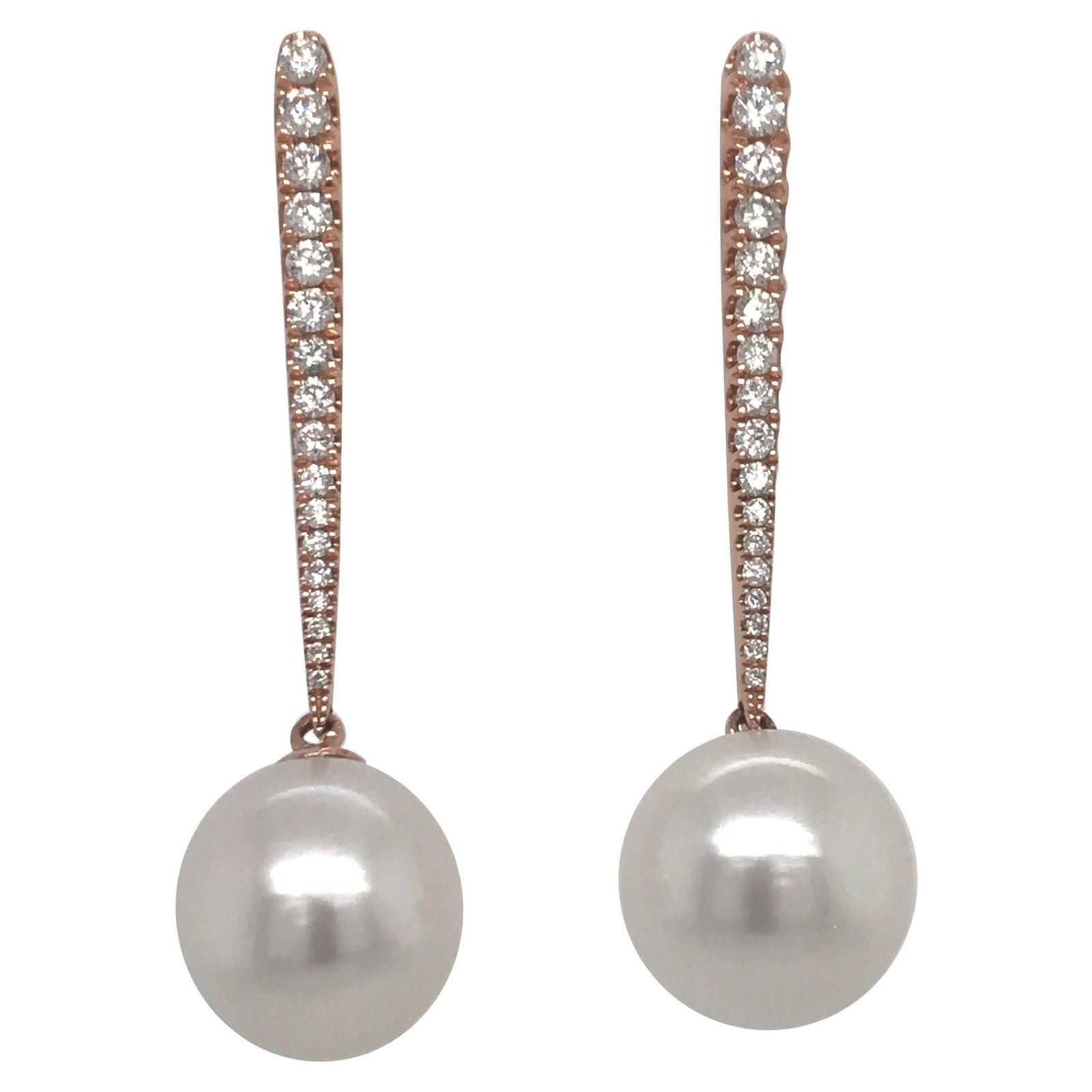 Harbor Diamonds 18K Rose Gold South Sea Pearl Diamond Bar Earrings: Harbor Diamonds 18K Rose Gold South Sea Pearl Diamond Bar Earrings Elevate your elegance with these stunning South Sea Pearl Diamond Bar Drop Earrings. Crafted in luxurious 18K rose gold, these earrin