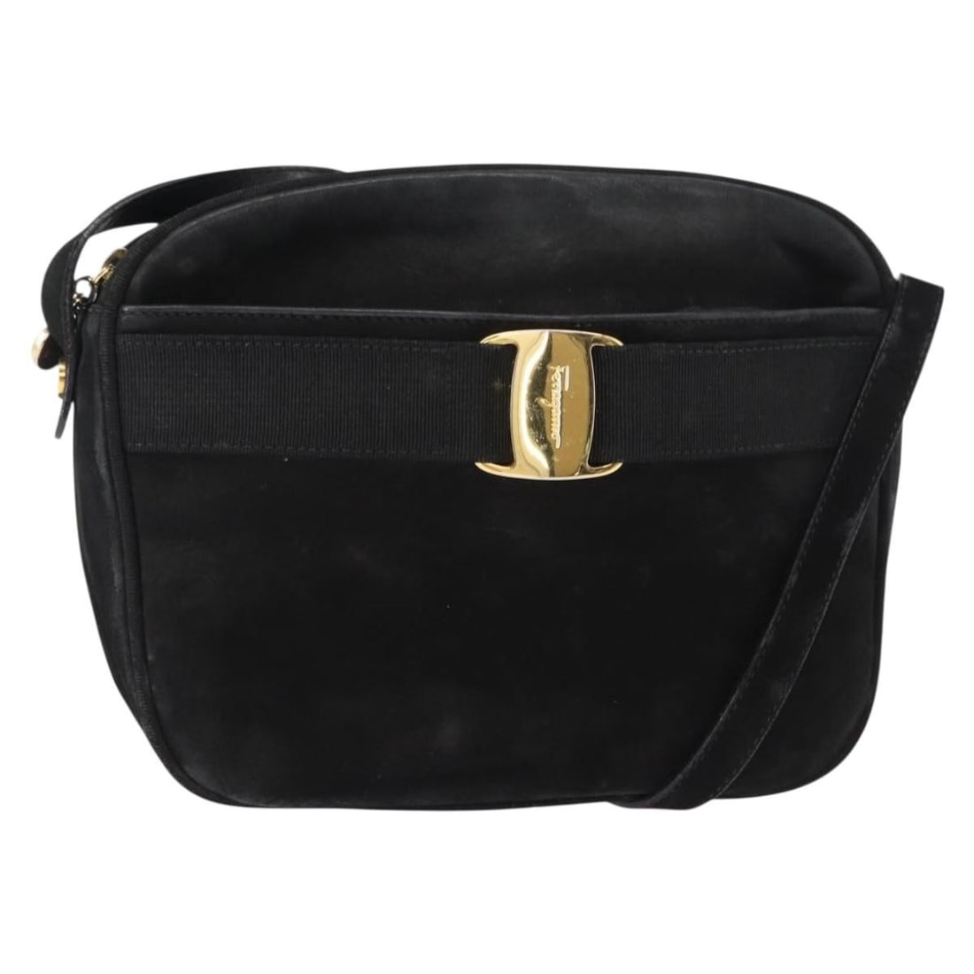 Salvatore Ferragamo Vala Suede Shoulder Bag Black Gold Auth BA214183 (1 of 18)