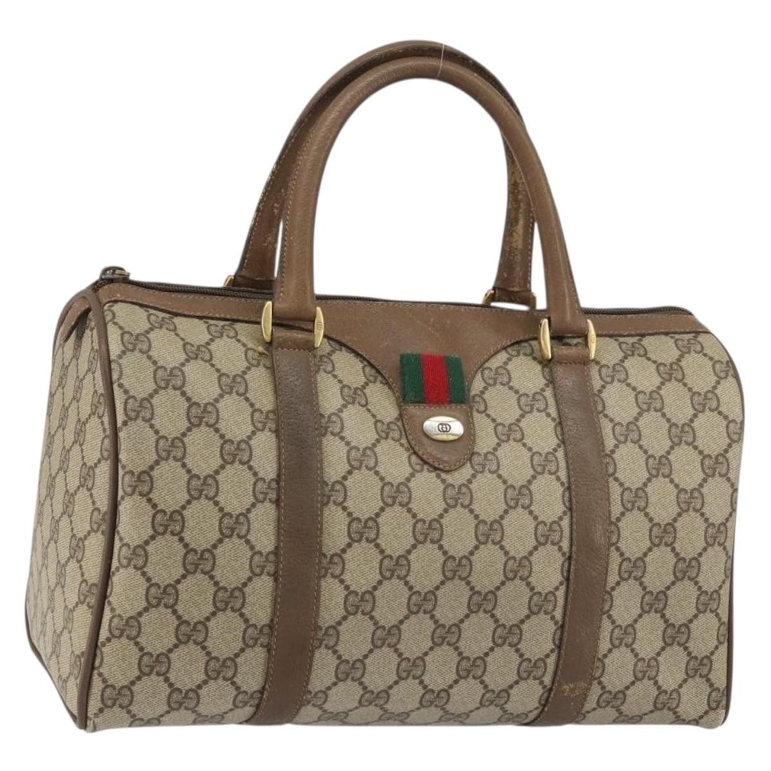 GUCCI GG Supreme Sherry Line Boston Bag Beige Gold PVC Auth 116 02 007: GUCCI GG Supreme Sherry Line Boston Bag Beige Gold PVC Auth 116 02 007 Introducing the GUCCI GG Supreme Web Sherry Line Bag, a stylish Boston bag crafted from durable PVC leather in a chic beige and g