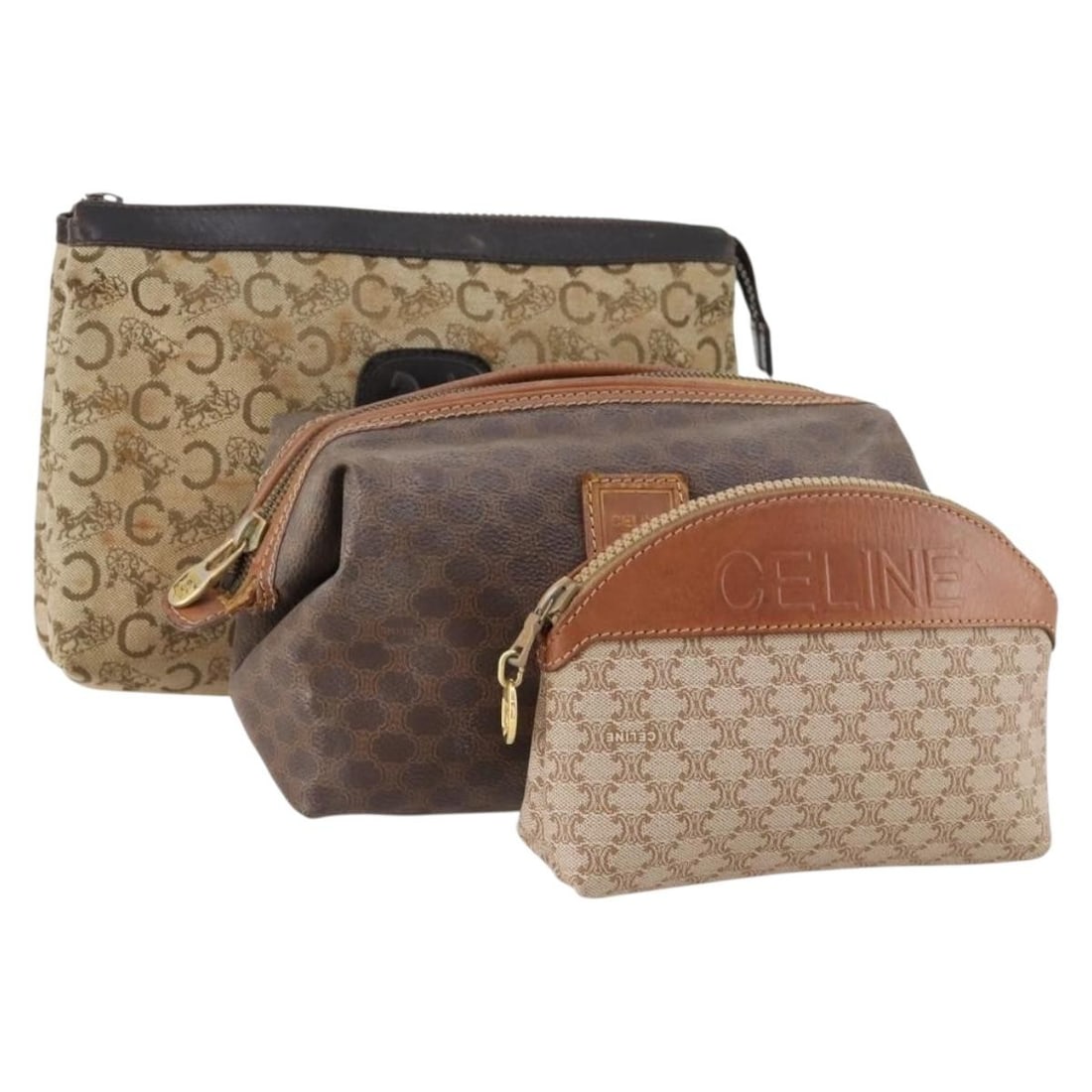 Celine Beige Brown PVC Macadam Canvas Pouch Trio Bundle Set for Women: Celine Beige Brown PVC Macadam Canvas Pouch Trio Bundle Set for Women This is a set of three Celine pouches crafted from Macadam canvas and PVC leather in beige and brown tones. Designed for women, th