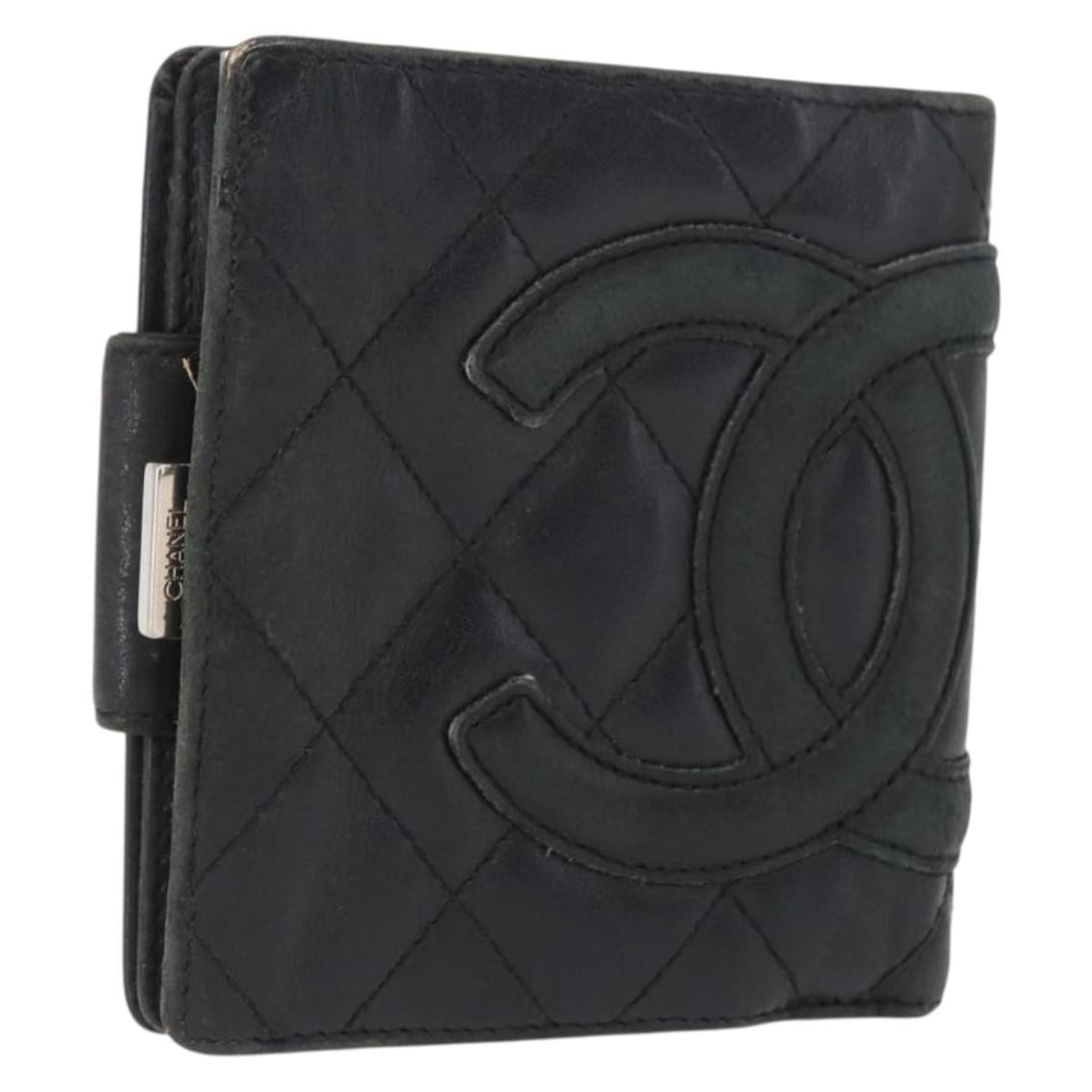 Black Leather Wallet from CHANEL Cambon Line with Silver CC Logo: Black Leather Wallet from CHANEL Cambon Line with Silver CC Logo This is a CHANEL Cambon Line wallet crafted from black leather with silver-tone accents. The wallet features a compact design and inclu