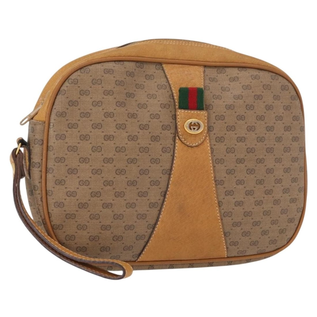 GUCCI Micro GG Supreme Sherry Line Beige Gold Clutch Bag Auth 156 01 034: GUCCI Micro GG Supreme Sherry Line Beige Gold Clutch Bag Auth 156 01 034 This GUCCI Micro GG Supreme Web Sherry Line Clutch Bag is crafted from durable PVC leather and features a stylish beige and gol
