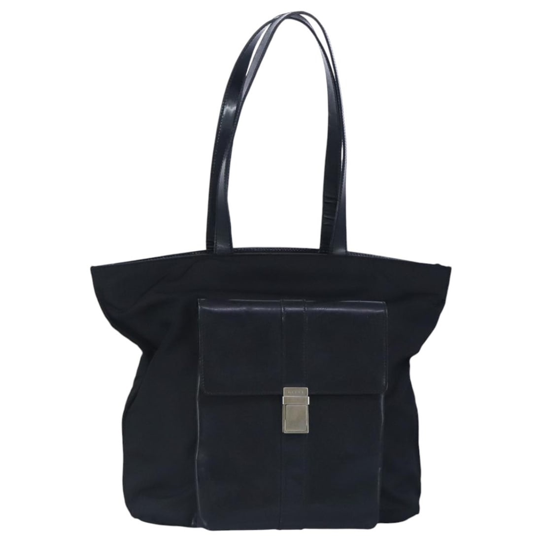 GUCCI Black Canvas and Leather Tote Bag Silver Hardware 019 2122 0523: GUCCI Black Canvas and Leather Tote Bag Silver Hardware 019 2122 0523 This GUCCI tote bag features a black and silver canvas exterior with leather accents. Designed for women, it offers a spacious int