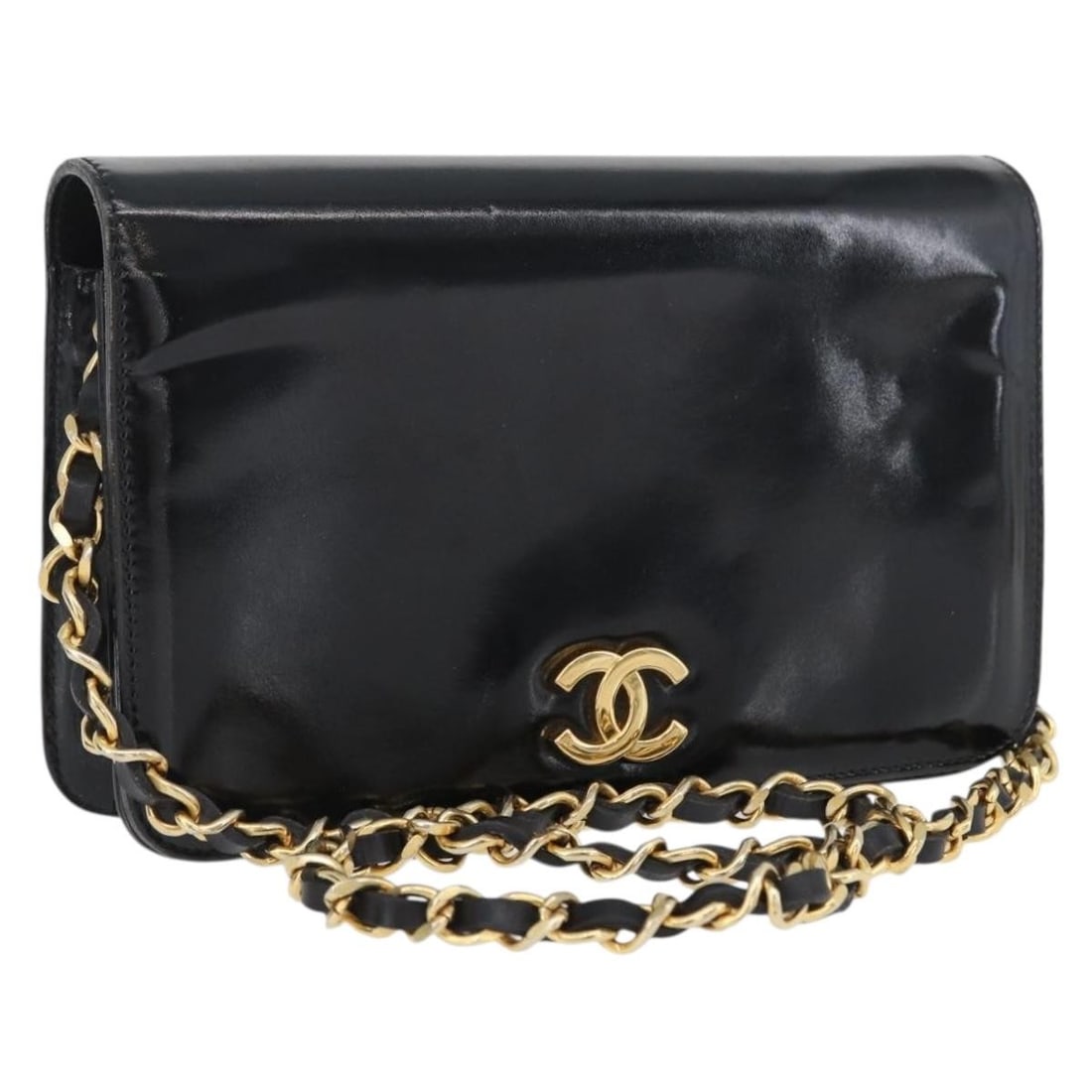 Black Patent Leather Shoulder Bag with Gold Chain by CHANEL: Black Patent Leather Shoulder Bag with Gold Chain by CHANEL This CHANEL shoulder bag features a black and gold patent leather exterior with a signature chain strap and CC emblem. The bag includes a du