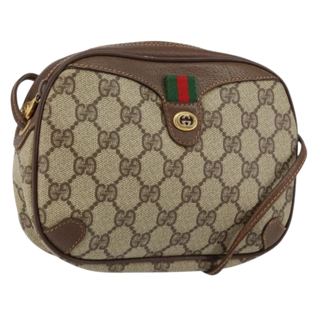 GUCCI GG Supreme Sherry Line PVC Shoulder Bag Beige Gold Red 89 02 066 Auth: GUCCI GG Supreme Sherry Line PVC Shoulder Bag Beige Gold Red 89 02 066 Auth This authentic GUCCI GG Supreme Web Sherry Line Shoulder Bag is a stylish accessory crafted from durable PVC leather. The ba
