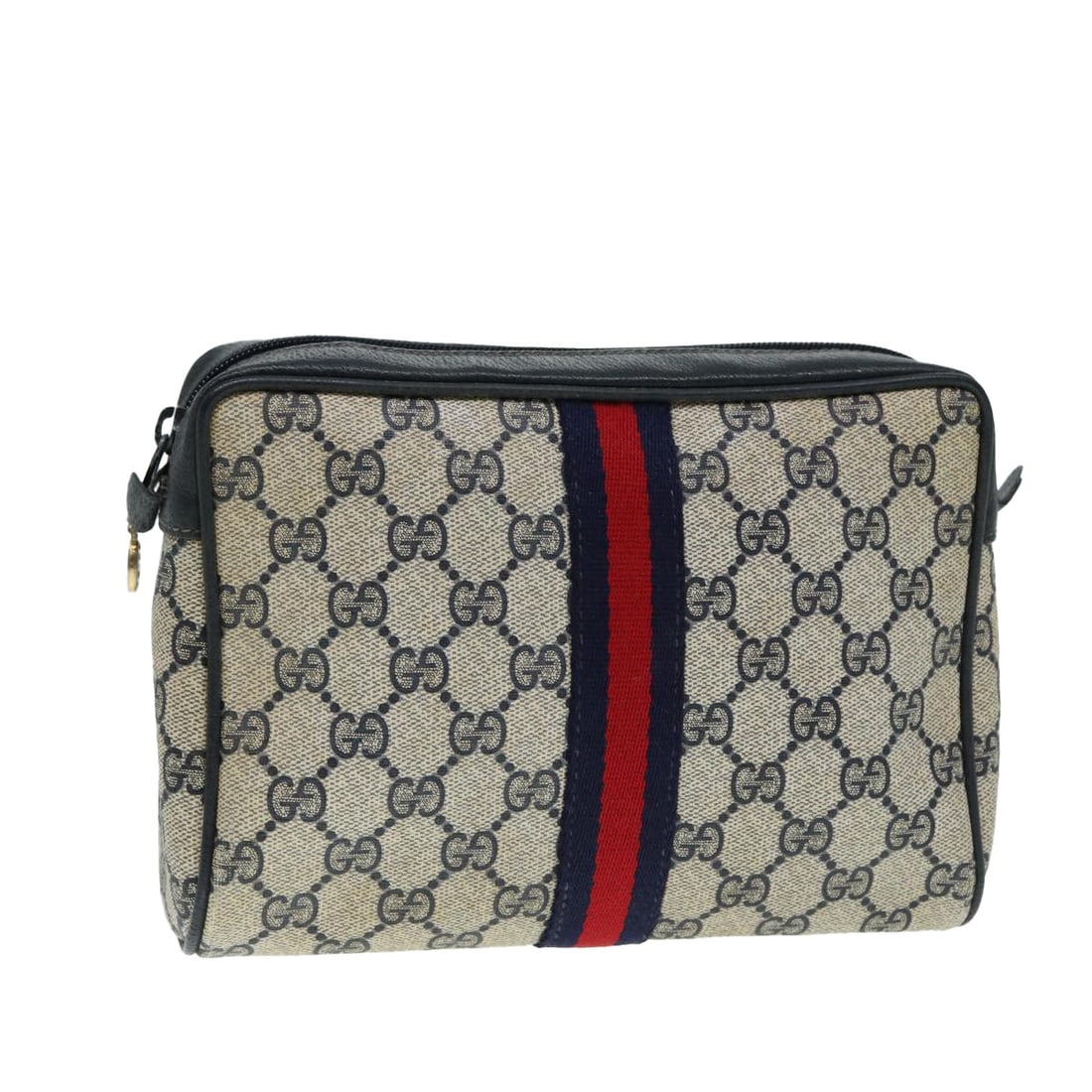 Red Navy PVC Leather GG Supreme Sherry Line Clutch by Gucci: Red Navy PVC Leather GG Supreme Sherry Line Clutch by Gucci This is a GUCCI GG Supreme Sherry Line clutch bag crafted from PVC leather and GG canvas in red and navy. Designed for women, the bag featur