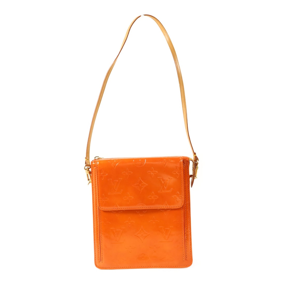 Louis Vuitton Monogram Vernis Motto Orange Patent Leather Shoulder Pouch M91137: Louis Vuitton Monogram Vernis Motto Orange Patent Leather Shoulder Pouch M91137 This Louis Vuitton Motto Accessory Pouch Shoulder Bag features the Monogram Vernis patent leather in a striking orange c