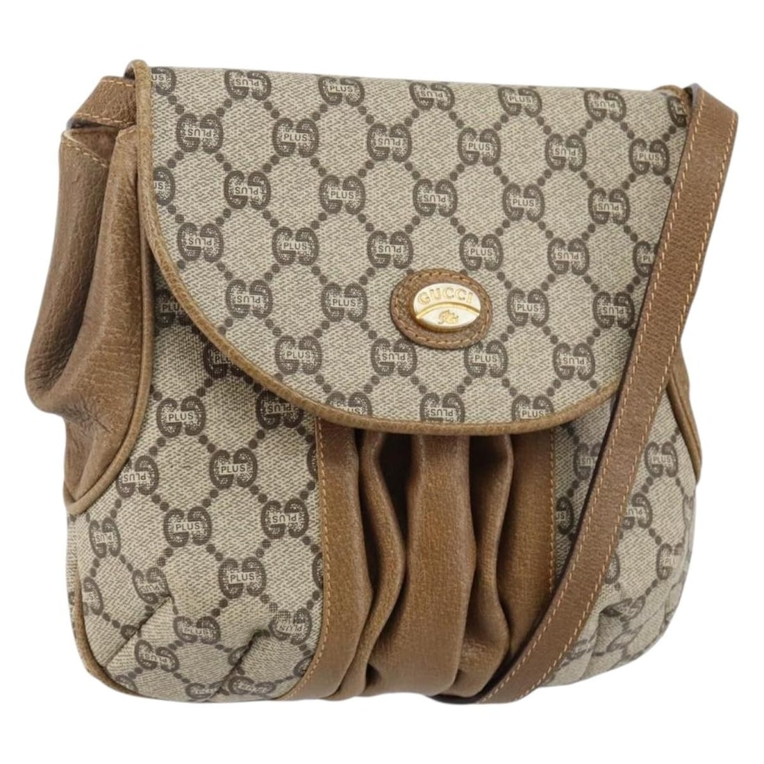 GUCCI GG Plus Supreme Beige Gold Shoulder Bag PVC Leather Auth: GUCCI GG Plus Supreme Beige Gold Shoulder Bag PVC Leather Auth This authentic GUCCI GG Plus Supreme Shoulder Bag showcases a chic design in a sophisticated Beige and Gold color palette. Crafted from d