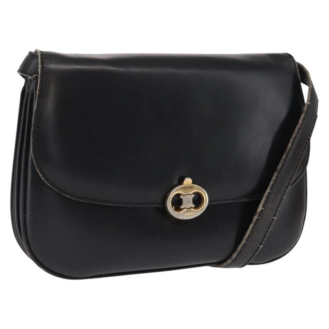 Celine Black Leather Women's Shoulder Bag with Gold Accents and Dust Bag: Celine Black Leather Women's Shoulder Bag with Gold Accents and Dust Bag This CELINE shoulder bag features a black leather exterior with gold accents and is designed for women. It offers a compact sil