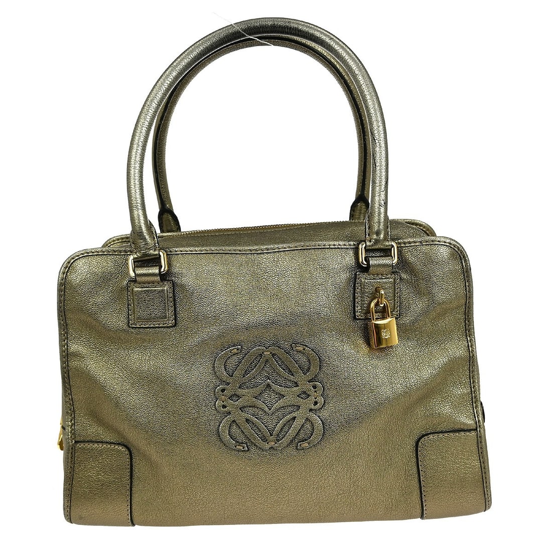 Loewe Amazona 36 Large Gold Leather Top Handle Bag with Double Handles: Loewe Amazona 36 Large Gold Leather Top Handle Bag with Double Handles This is a Loewe Amazona 36 top handle handbag in gold leather, featuring double handles and a zip closure. The bag is large in si