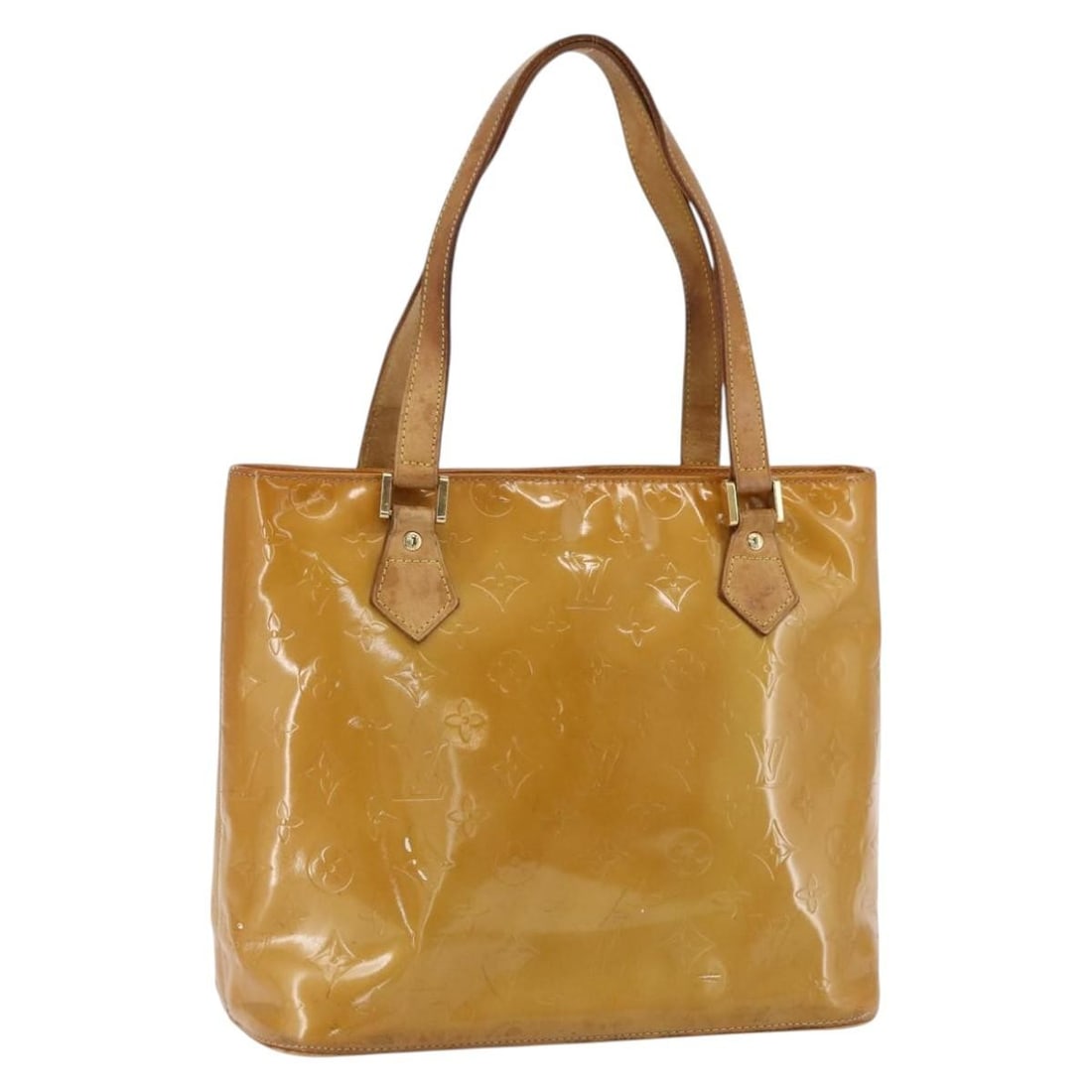 Beige Monogram Vernis Houston Patent Leather Handbag by Louis Vuitton M91004: Beige Monogram Vernis Houston Patent Leather Handbag by Louis Vuitton M91004 This Louis Vuitton Houston handbag features beige Monogram Vernis patent leather with a structured silhouette. The bag is c