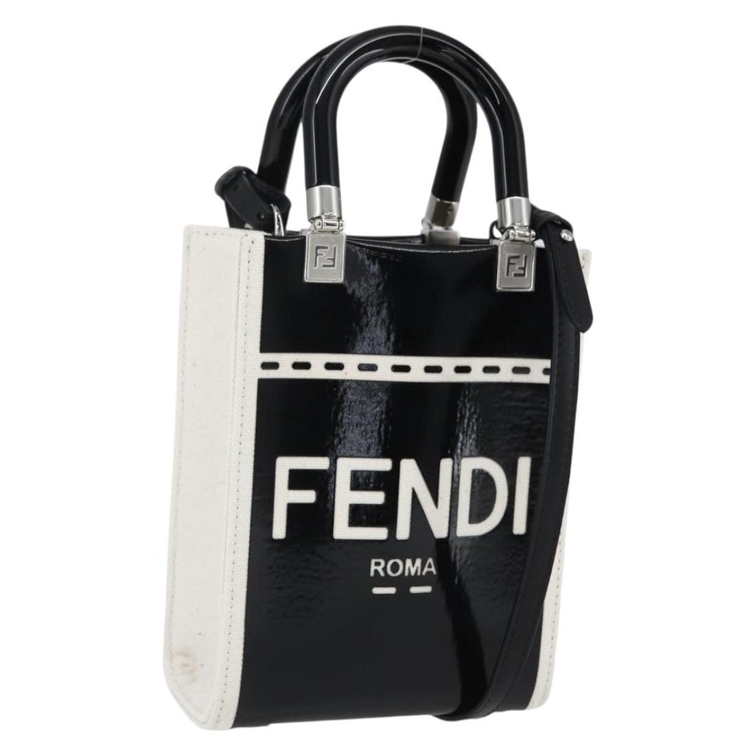 FENDI Sunshine Mini Shopper Handbag Patent Leather Black White 2way: FENDI Sunshine Mini Shopper Handbag Patent Leather Black White 2way This FENDI Sunshine Small Shopper Mini Bag features a sleek black and white patent leather exterior with a compact design. It offers