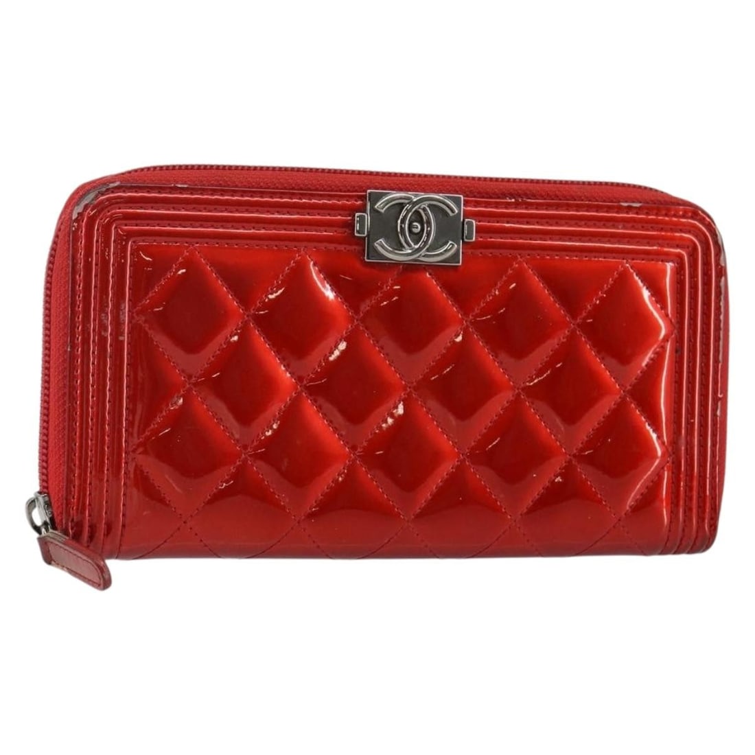 CHANEL Boy Wallet Red Silver Patent Leather Long Wallet Auth Italy (1 of 18)