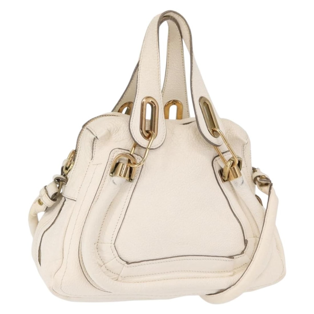 Chloe Paraty White and Gold Leather Convertible Handbag with Strap: Chloe Paraty White and Gold Leather Convertible Handbag with Strap This Chloe Paraty handbag is crafted from leather in a white and gold color combination. It features a two-way design with both top h