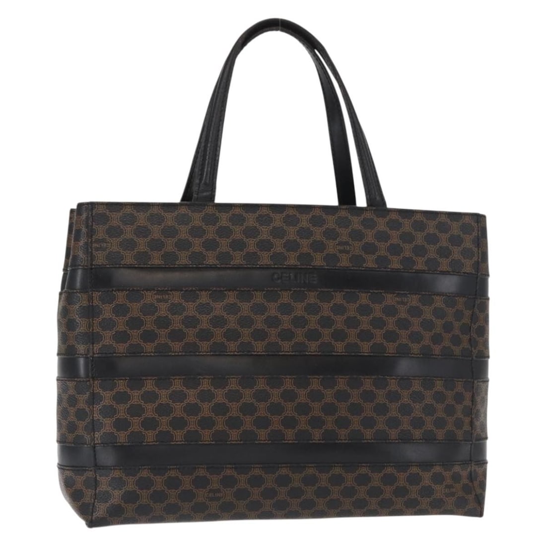 CELINE Macadam Canvas Tote Bag Black Gold PVC Leather Auth 155936: CELINE Macadam Canvas Tote Bag Black Gold PVC Leather Auth 155936 This Celine Macadam Canvas Tote Bag showcases a stylish blend of PVC leather and Macadam canvas in a sophisticated black and gold colo