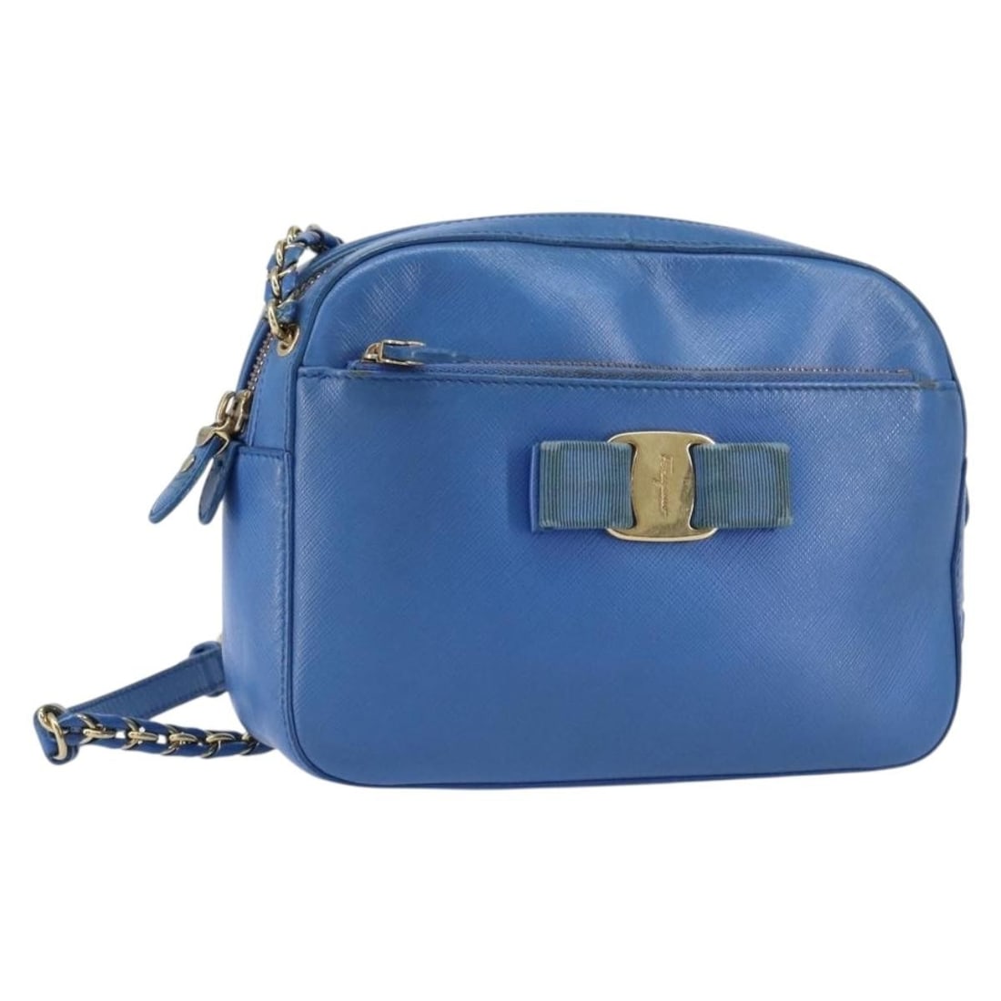 Salvatore Ferragamo Vala Chain Shoulder Bag Leather Blue Gold Authentic (1 of 18)