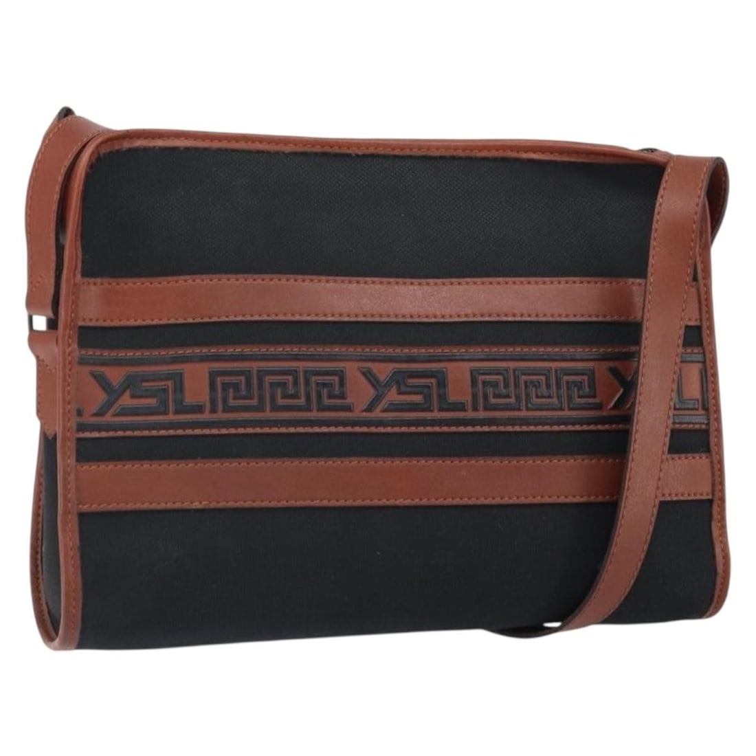 Saint Laurent Canvas and Leather Shoulder Bag Black Brown Gold France: Saint Laurent Canvas and Leather Shoulder Bag Black Brown Gold France This SAINT LAURENT shoulder bag features a combination of canvas and leather in black, brown, and gold tones. The bag is made in F