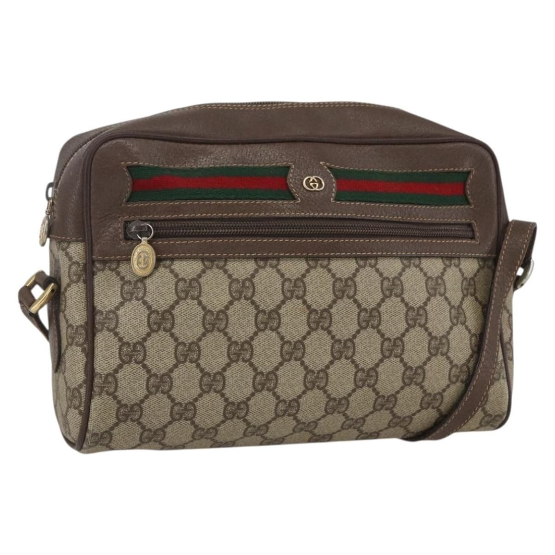 Beige Gold GG Supreme Web Shoulder Bag by Gucci 001 56 6472: Beige Gold GG Supreme Web Shoulder Bag by Gucci 001 56 6472 This is a Gucci GG Supreme Web Sherry Line shoulder bag crafted from beige and gold PVC leather with GG canvas detailing. The bag features a