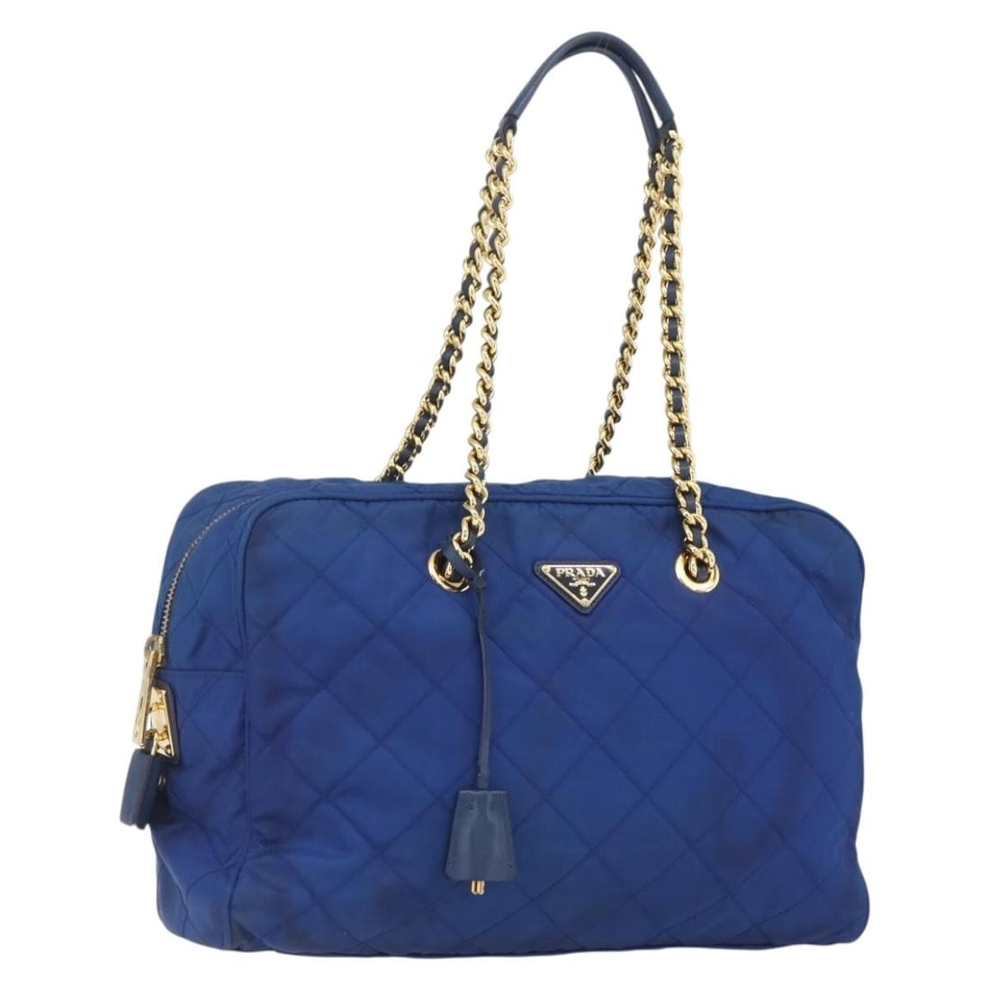 Blue and Gold Nylon Prada Shoulder Bag with Chain Strap: Blue and Gold Nylon Prada Shoulder Bag with Chain Strap This PRADA chain shoulder bag features a blue and gold nylon exterior and is designed with a convenient chain shoulder strap. The bag offers amp