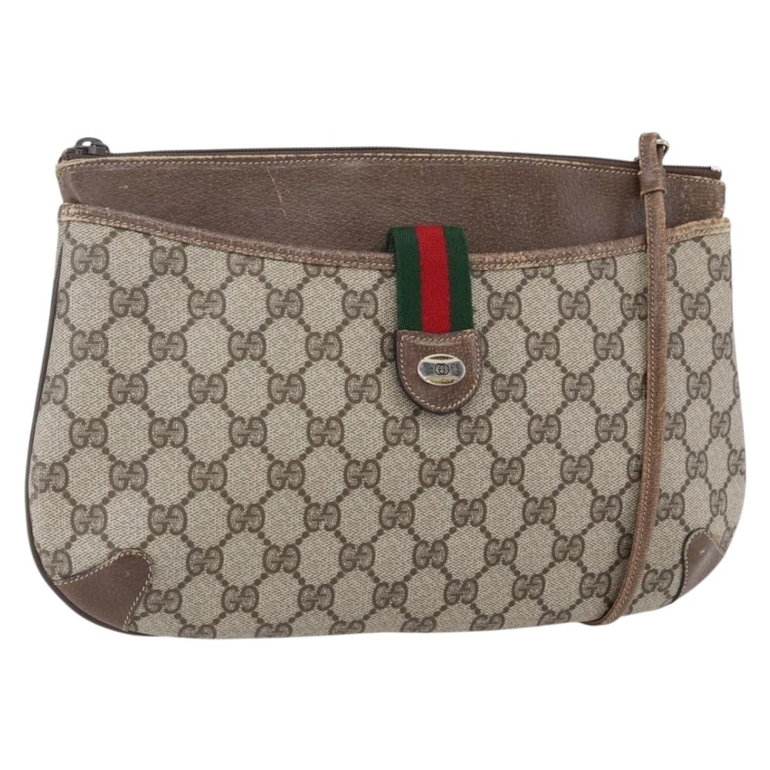 GUCCI GG Supreme Sherry Line Shoulder Bag PVC Beige Gold Red 904 02 026 Auth: GUCCI GG Supreme Sherry Line Shoulder Bag PVC Beige Gold Red 904 02 026 Auth This authentic GUCCI GG Supreme Web Sherry Line Bag is a stylish shoulder bag crafted in Italy from durable PVC leather and