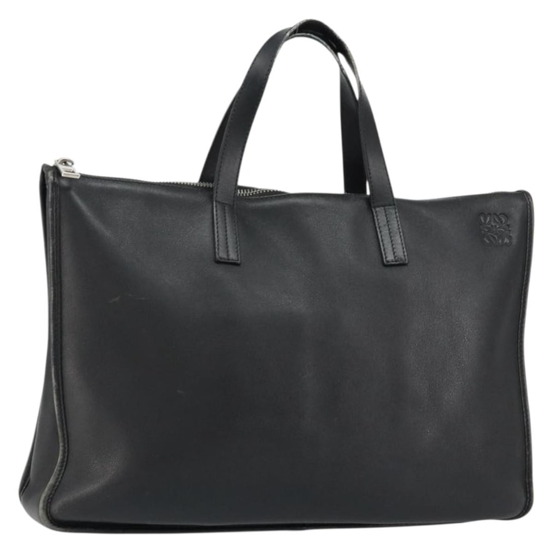 LOEWE Anagram Black Leather Hand Bag with Silver Accents Auth 155610: LOEWE Anagram Black Leather Hand Bag with Silver Accents Auth 155610 This LOEWE Anagram Hand Bag is a luxurious accessory crafted in Spain from high-quality black leather, accented with silver hardwar