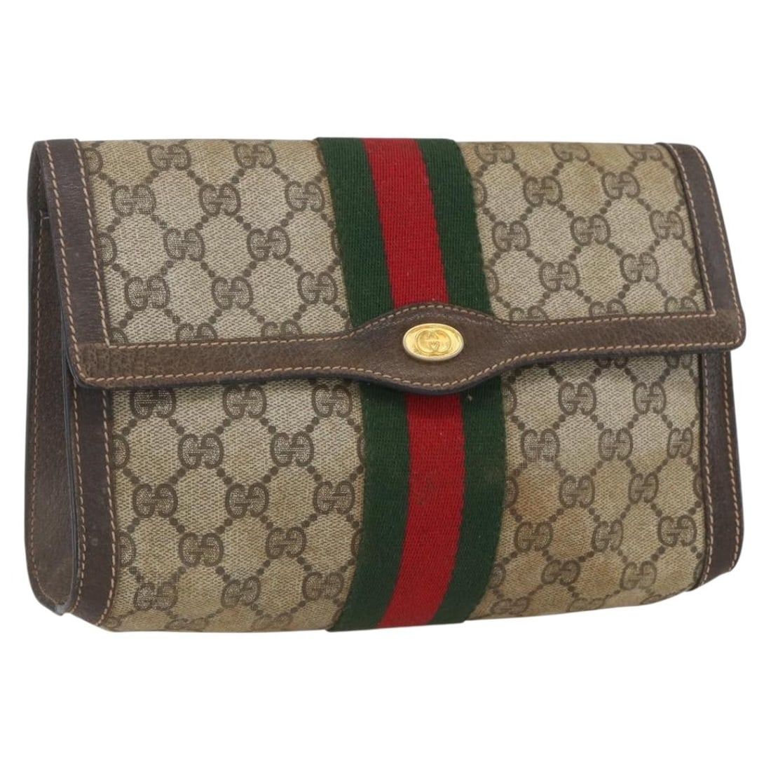 Beige GG Supreme Web Sherry Line Clutch by Gucci PVC Leather 67 014 3087: Beige GG Supreme Web Sherry Line Clutch by Gucci PVC Leather 67 014 3087 This is a Gucci GG Supreme Web Sherry Line clutch bag crafted from beige PVC leather and GG canvas. Made in Italy, the bag feat