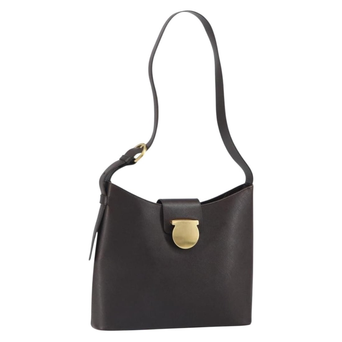 Brown Leather Salvatore Ferragamo Shoulder Bag Gold Tone Accents Italy: Brown Leather Salvatore Ferragamo Shoulder Bag Gold Tone Accents Italy This Salvatore Ferragamo shoulder bag features a brown and gold leather exterior with a structured silhouette. The bag has a stra