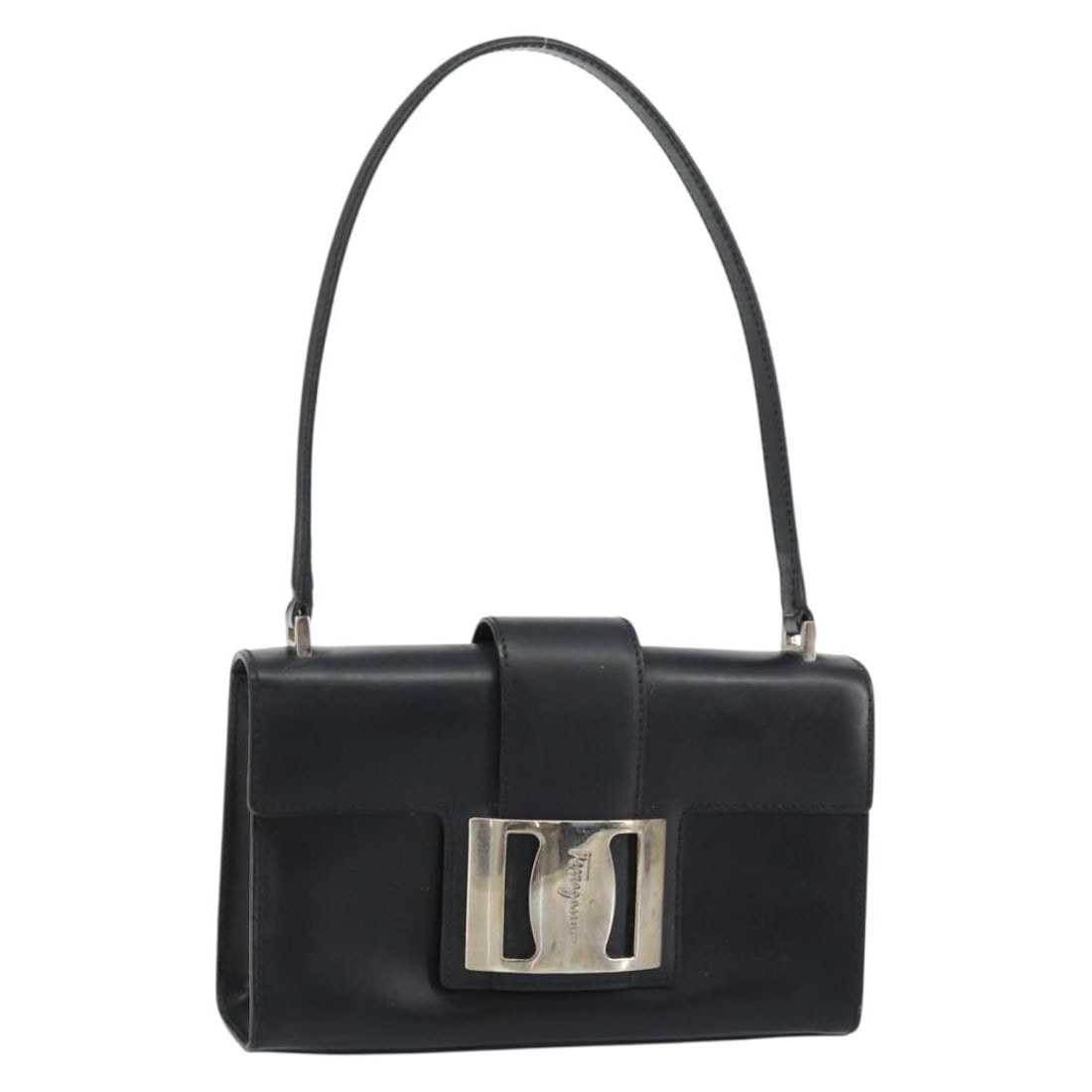 Black Leather Vala Handbag by Salvatore Ferragamo with Silver Hardware: Black Leather Vala Handbag by Salvatore Ferragamo with Silver Hardware This Salvatore Ferragamo Vala handbag features black leather with silver-tone accents. Designed in Italy, it offers a compact and