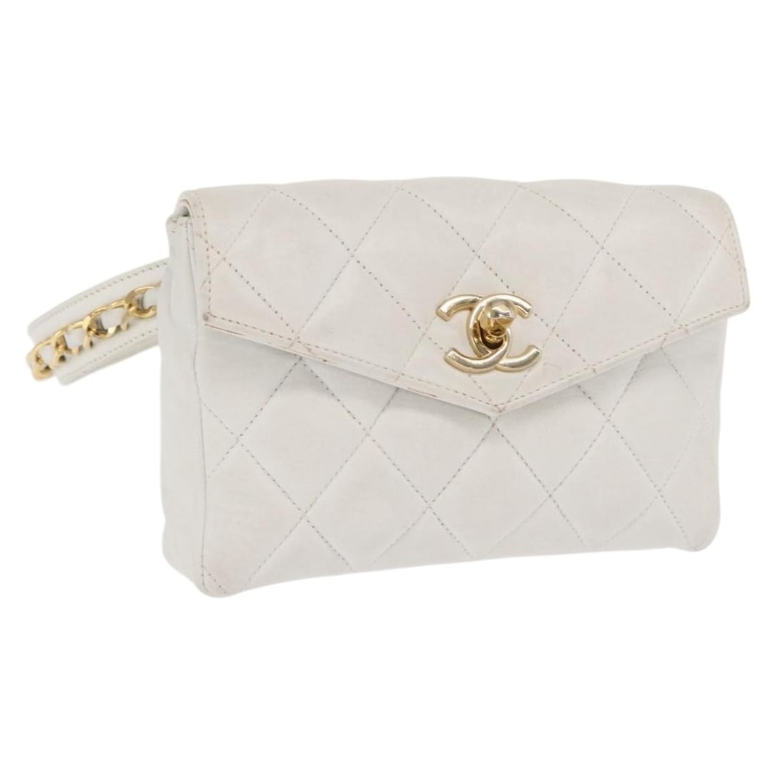 CHANEL Lambskin Gold White Waist Bag Made in Italy: CHANEL Lambskin Gold White Waist Bag Made in Italy This Chanel waist bag is crafted from lambskin leather in a gold and white color combination. Made in Italy, it features a compact design with approx
