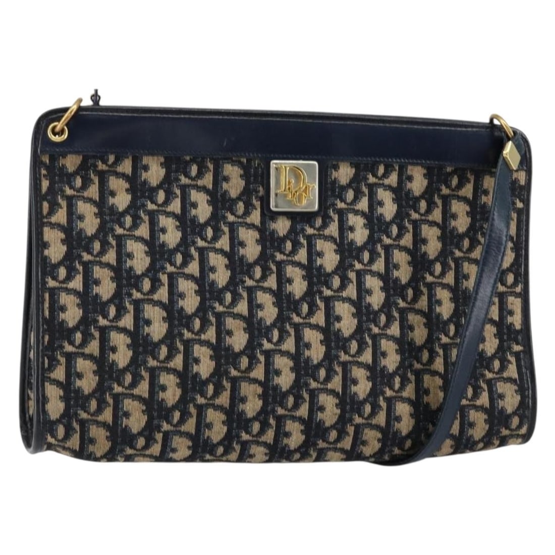 Christian Dior Trotter Canvas Navy Gold Shoulder Bag Auth (1 of 18)