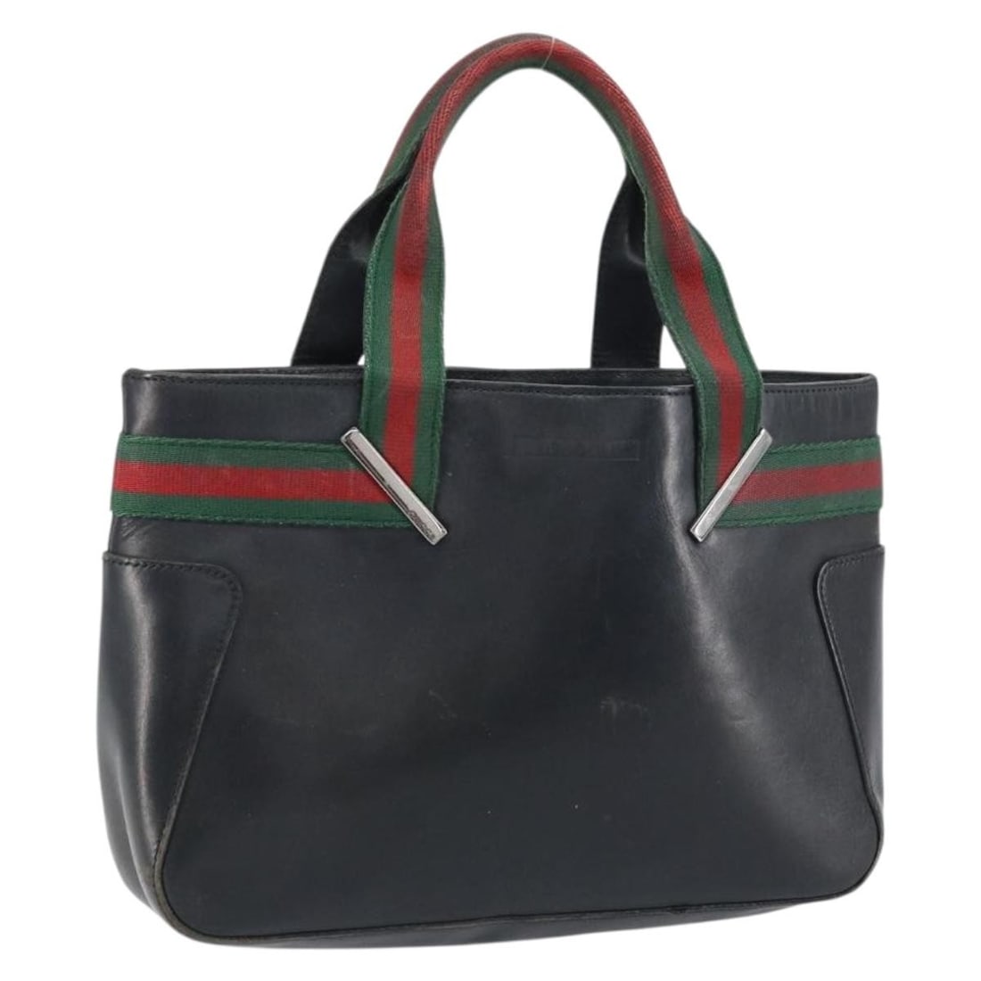 Gucci Sherry Web Black Leather Handbag with Silver Accents Model 73984: Gucci Sherry Web Black Leather Handbag with Silver Accents Model 73984 This is a Gucci Web Sherry Line handbag crafted from black leather with silver-tone accents. Made in Italy, the bag features a co