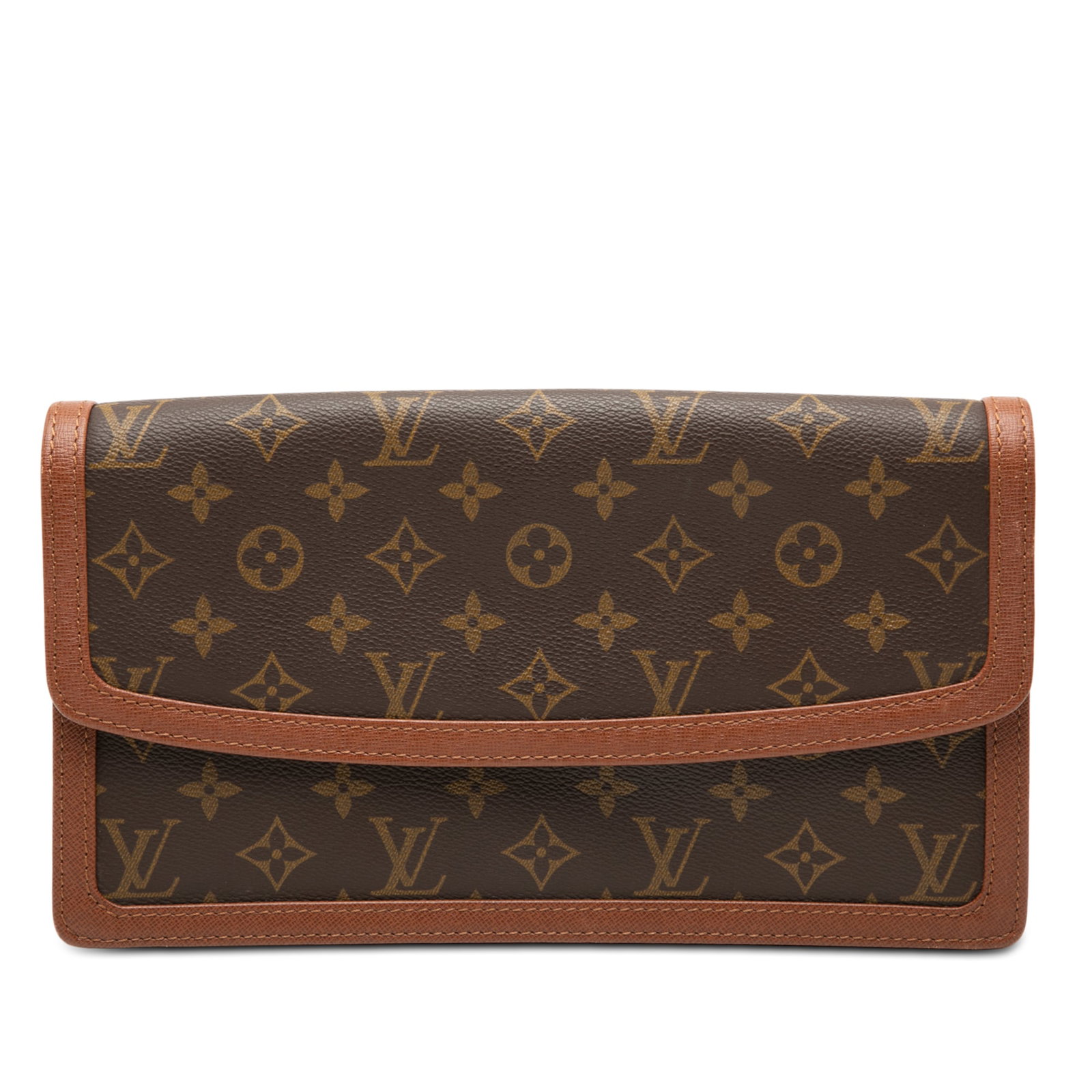 Louis Vuitton Pochette Dame GM Monogram Canvas Clutch with Leather Trim: Louis Vuitton Pochette Dame GM Monogram Canvas Clutch with Leather Trim The Louis Vuitton Monogram Pochette Dame GM features the iconic monogram canvas with leather trim. This bag includes a front fla