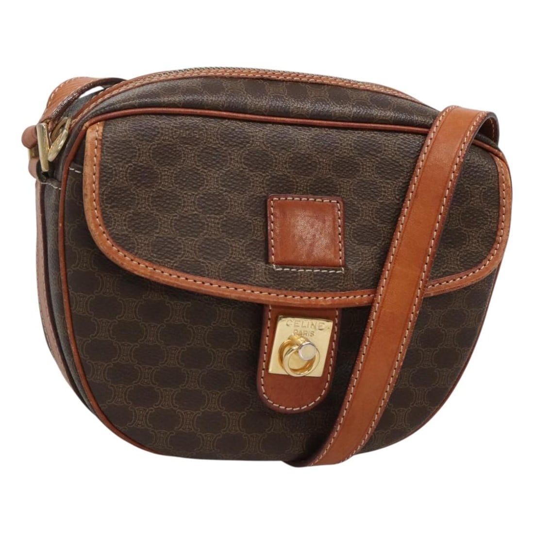 Celine Macadam Brown Shoulder Bag in PVC Leather and Canvas Gold Detail: Celine Macadam Brown Shoulder Bag in PVC Leather and Canvas Gold Detail This CELINE Macadam Canvas shoulder bag features a brown and gold color combination in PVC leather and signature Macadam canvas.