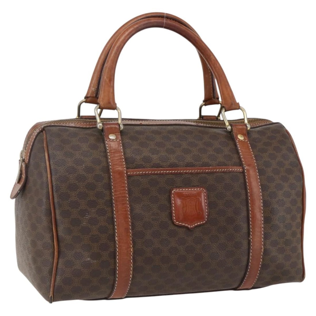 Celine Beige Gold Macadam Canvas PVC Leather Handbag Made in Italy: Celine Beige Gold Macadam Canvas PVC Leather Handbag Made in Italy This CELINE Macadam Canvas hand bag features a beige and gold PVC leather exterior with signature Macadam canvas detailing. The bag i