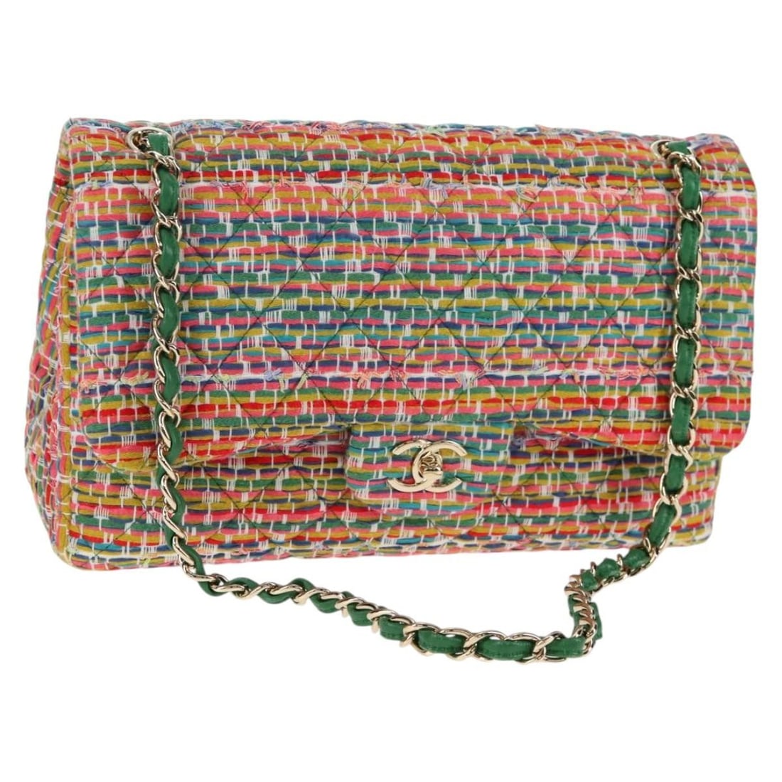 Chanel Multicolor Cotton Double Flap Shoulder Bag with Chain and CC Logo (1 of 18)