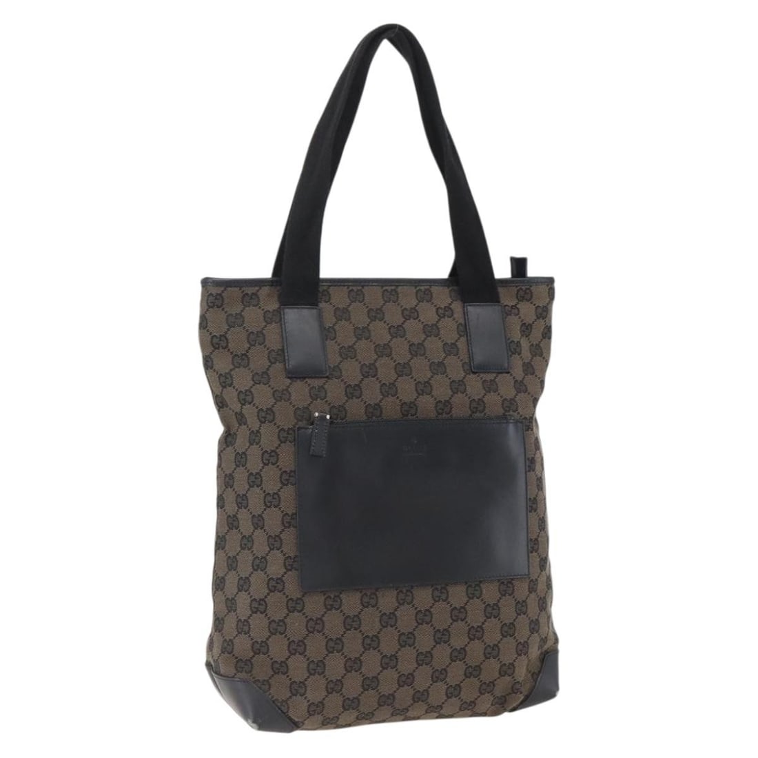 Black GG Canvas Gucci Tote Bag with Silver Accents 019 0401: Black GG Canvas Gucci Tote Bag with Silver Accents 019 0401 This GUCCI GG Canvas Tote Bag features a black and silver color scheme and is crafted from GG canvas material. Designed with a spacious inte