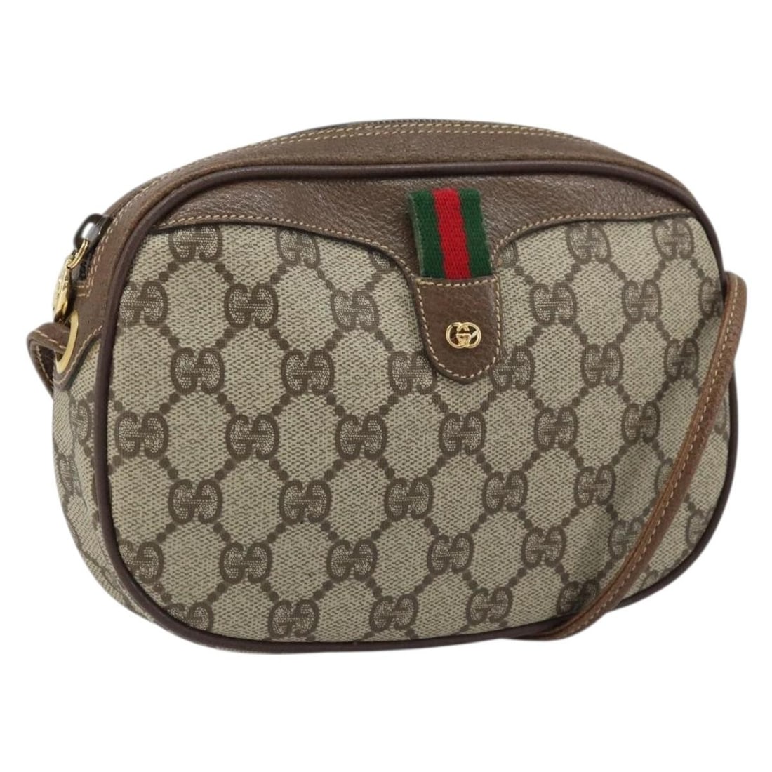 GG Supreme Web Sherry Line Beige PVC Shoulder Bag by Gucci: GG Supreme Web Sherry Line Beige PVC Shoulder Bag by Gucci This is a Gucci GG Supreme Web Sherry Line shoulder bag crafted from beige PVC leather and GG canvas. Designed for women, the bag features a