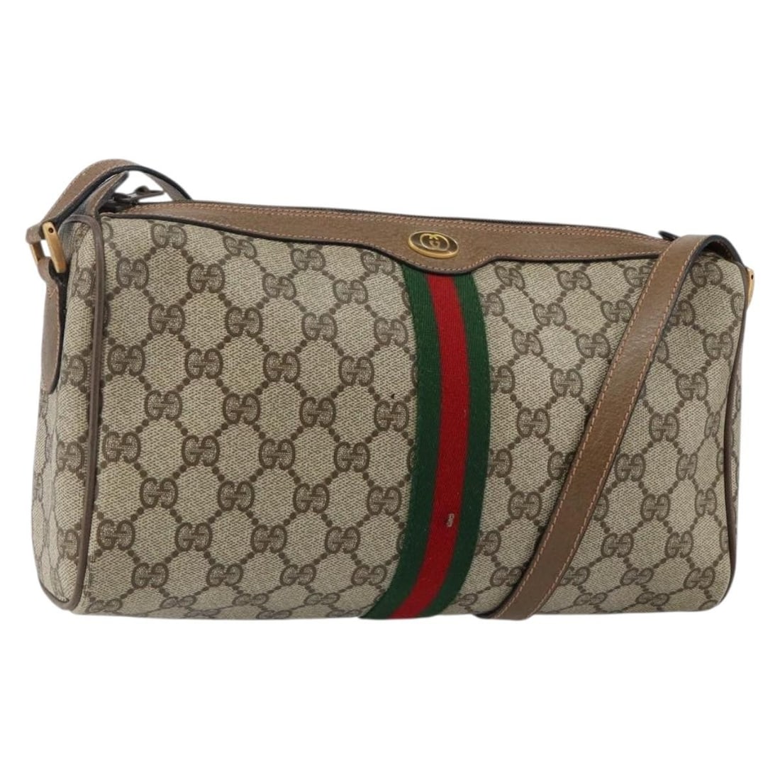 GUCCI GG Supreme Sherry Line Beige Gold Shoulder Bag PVC Auth 89 02 017: GUCCI GG Supreme Sherry Line Beige Gold Shoulder Bag PVC Auth 89 02 017 Introducing the GUCCI GG Supreme Web Sherry Line Shoulder Bag, a stylish accessory crafted from durable PVC leather and featurin