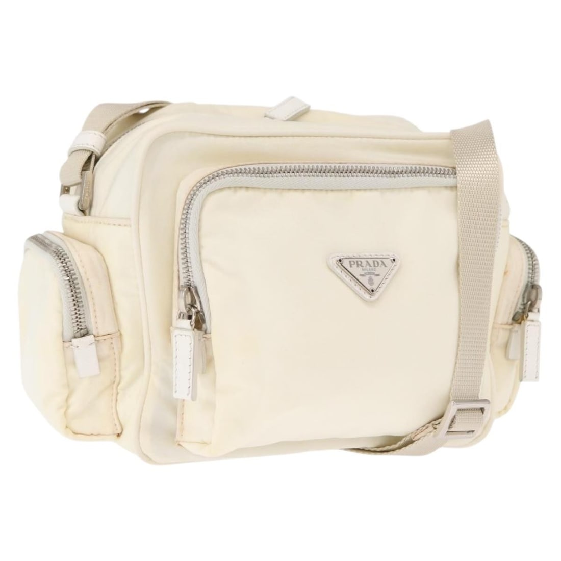 Prada White Nylon Shoulder Bag with Silver Accents and Guarantee Card: Prada White Nylon Shoulder Bag with Silver Accents and Guarantee Card This PRADA shoulder bag features a white and silver nylon exterior with silver-tone hardware. Designed for everyday use, it offers