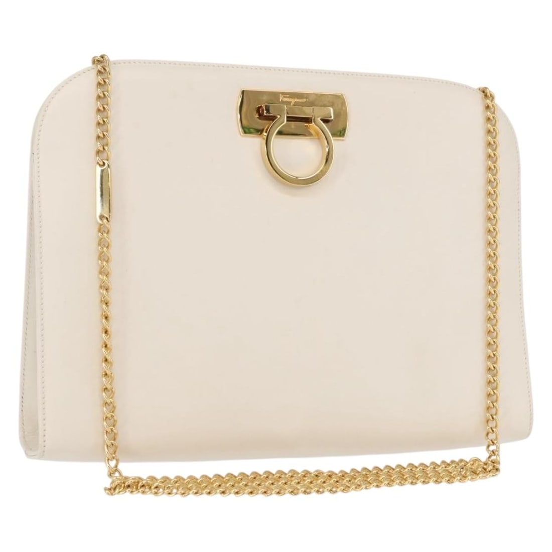 White Leather Gancini Chain Shoulder Bag by Salvatore Ferragamo: White Leather Gancini Chain Shoulder Bag by Salvatore Ferragamo This Salvatore Ferragamo Gancini Chain Shoulder Bag features a white leather exterior with gold accents. Designed for women, it has a ch