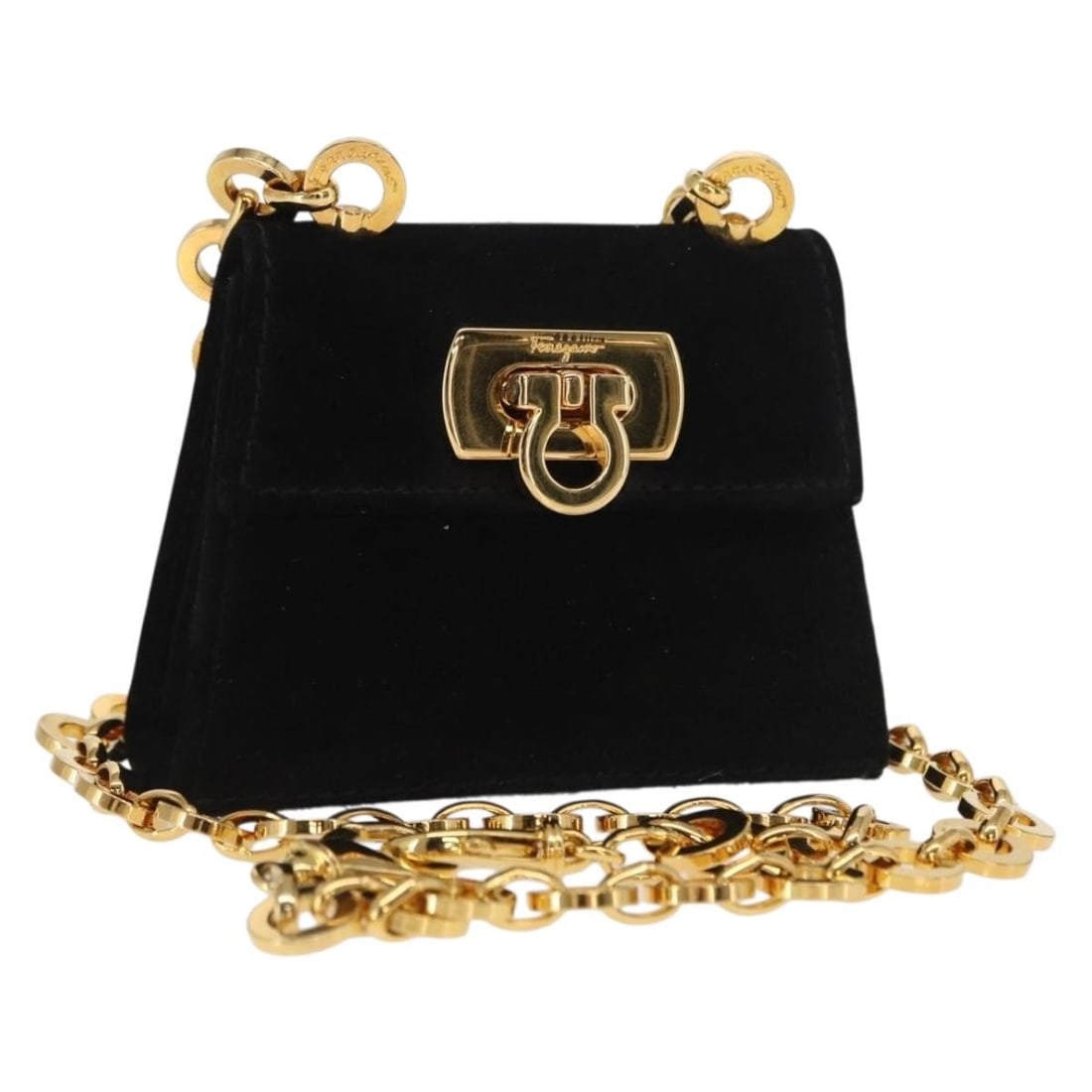 Ferragamo Black Suede Gancini Chain Shoulder Bag Gold Tone Accent Italy: Ferragamo Black Suede Gancini Chain Shoulder Bag Gold Tone Accent Italy This Salvatore Ferragamo Gancini chain shoulder pouch features a black suede exterior with gold-tone accents. Designed as a comp