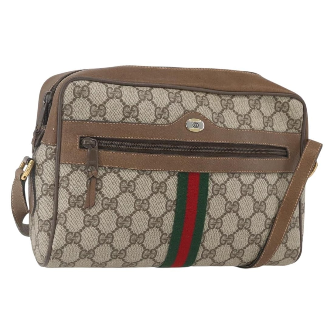 Beige GG Supreme Web Shoulder Bag by Gucci PVC Leather 68 02 005: Beige GG Supreme Web Shoulder Bag by Gucci PVC Leather 68 02 005 This Gucci GG Supreme Web Sherry Line shoulder bag features a beige and gold color scheme with PVC leather and GG canvas materials. The