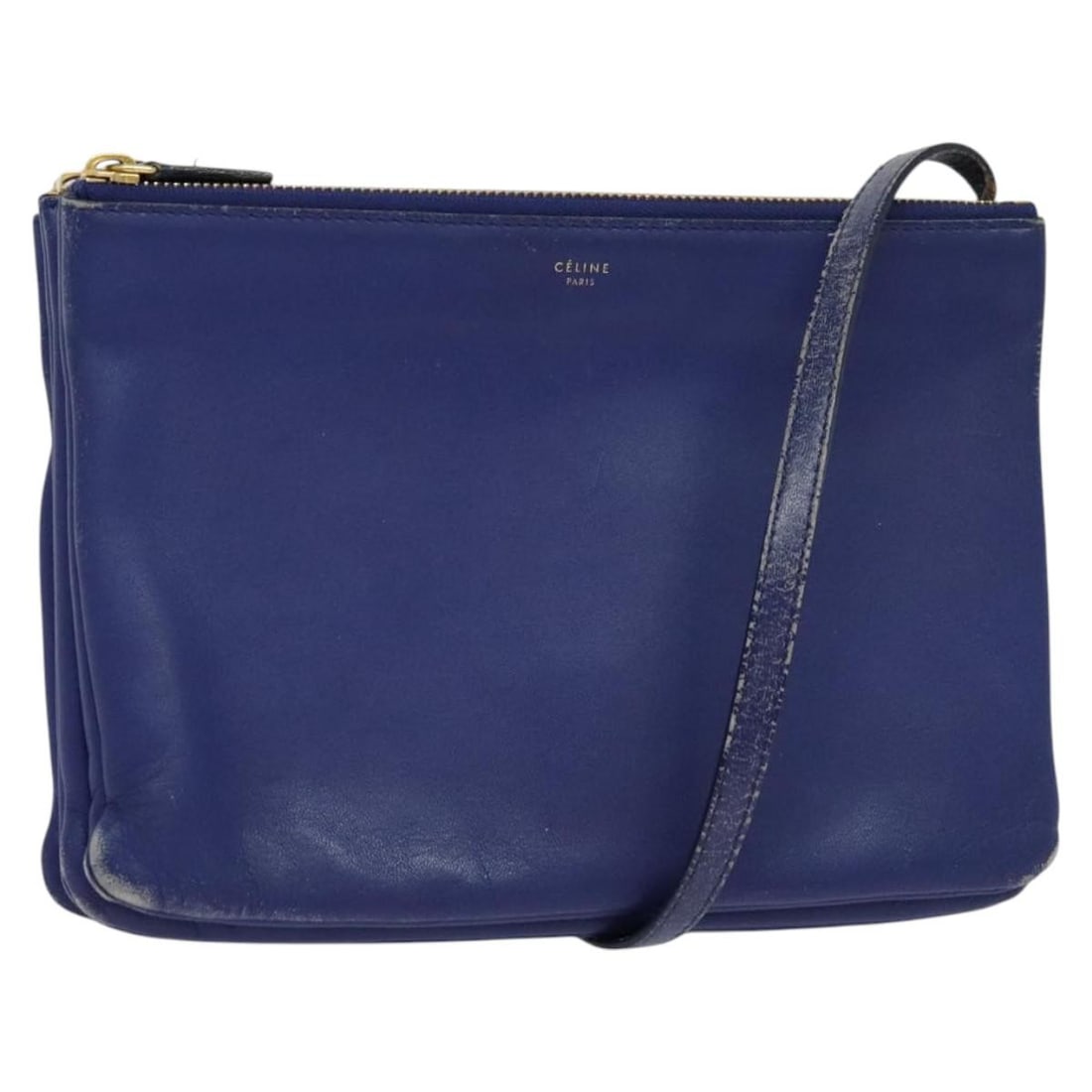 Celine Trio Blue and Gold Leather Shoulder Bag from Italy: Celine Trio Blue and Gold Leather Shoulder Bag from Italy This is a Celine Trio shoulder bag crafted from blue and gold leather. Designed for women, the bag features an adjustable shoulder strap and i