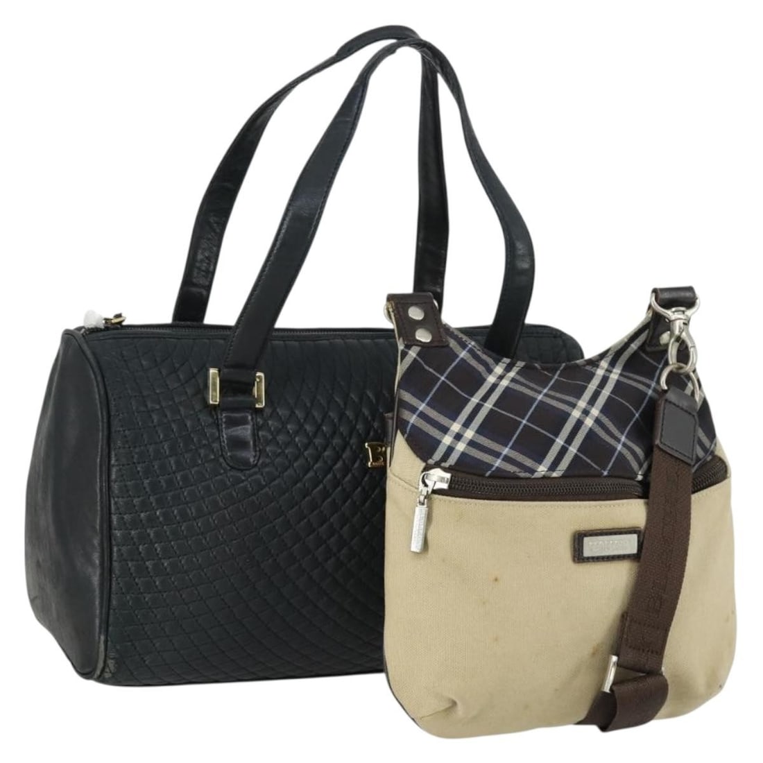 BURBERRY BALLY Beige Navy Canvas Tote Bag Set of 2 Auth (1 of 17)