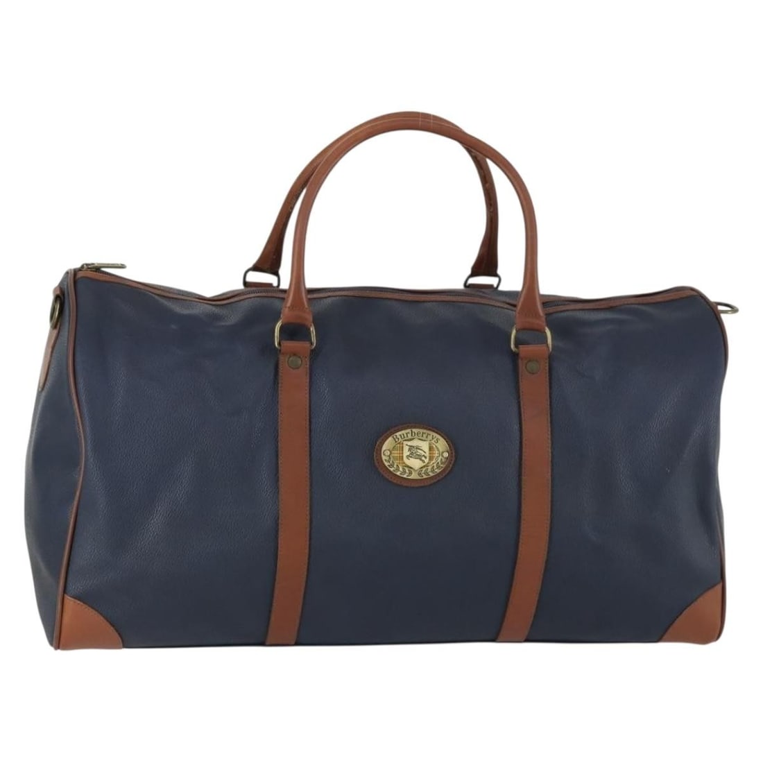 Burberrys Navy Leather Boston Bag with Gold Accents Made in Italy: Burberrys Navy Leather Boston Bag with Gold Accents Made in Italy This Burberrys Boston bag is crafted from leather in a navy and gold color combination. Made in Italy, it features a spacious interior