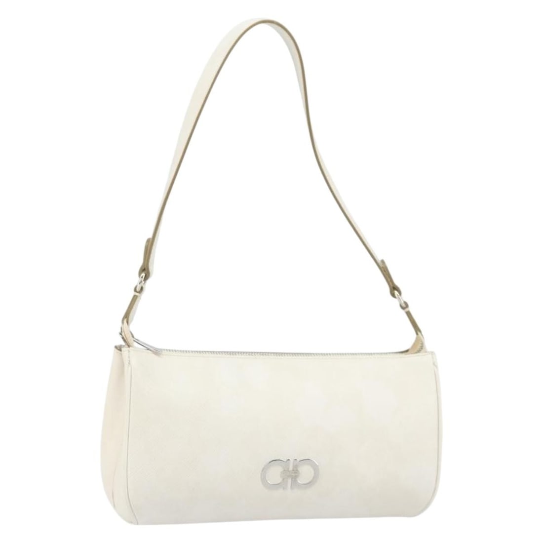 White Leather Salvatore Ferragamo Gancini Shoulder Bag Silver Accents: White Leather Salvatore Ferragamo Gancini Shoulder Bag Silver Accents This Salvatore Ferragamo Gancini shoulder bag features white leather exterior with silver-tone hardware. Crafted in Italy, it offe