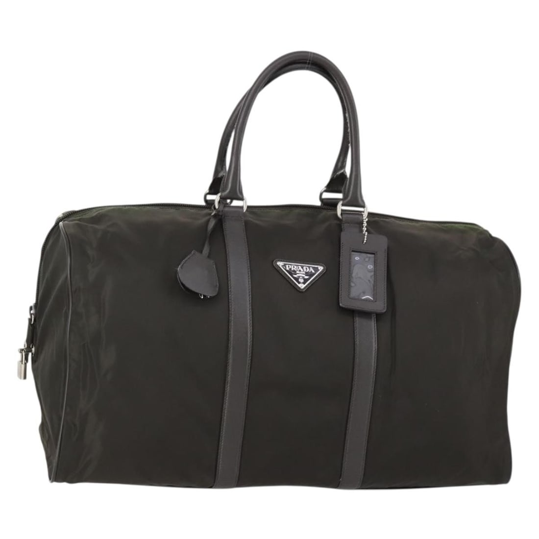 PRADA Khaki Silver Nylon Boston Bag Authentic Italy: PRADA Khaki Silver Nylon Boston Bag Authentic Italy Introducing the PRADA Boston Bag, a stylish blend of functionality and luxury. Crafted in Italy, this bag features a durable nylon exterior in a chi