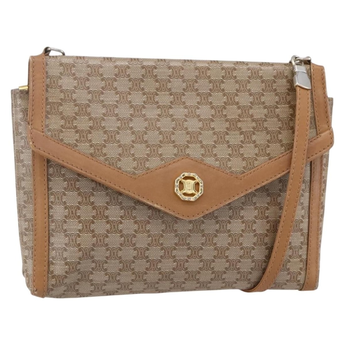 CELINE Beige Gold PVC Macadam Canvas Shoulder Bag Auth 149041: CELINE Beige Gold PVC Macadam Canvas Shoulder Bag Auth 149041 This CELINE Macadam Canvas Shoulder Bag showcases a sophisticated design with a stylish blend of beige and gold hues. Crafted from durable